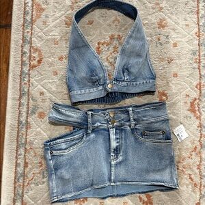 edge Light Blue Denim Skirt Set - Halter Crop Top & Mini Skirt
